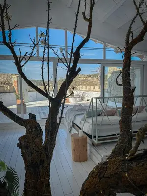 a room with a bed and a tree in it at Suite con Jacuzzi in Canyelles