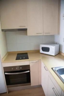 a kitchen with a stove and a microwave at Aura Park Aparthotel Fira Barcelona in Hospitalet de Llobregat