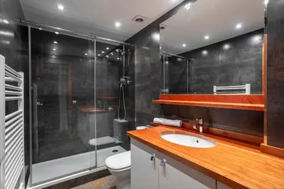 a bathroom with a shower and a sink and a toilet at Residential Tourist Apartments in Caldes d'Estrac