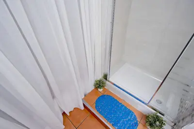 a shower with two potted plants next to a tub at Barcelona City Rooms Hostal in Barcelona