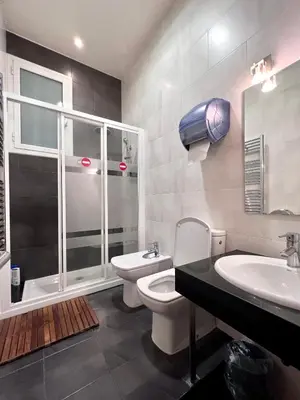 a bathroom with a toilet and a sink and a shower at Pensión Peiró in Barcelona
