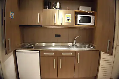 a small kitchen with a sink and a microwave at Apartaments Sant Jordi Fontanella in Barcelona
