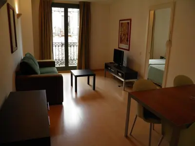 a living room with a couch and a bed and a television at Apartaments Sant Jordi Fontanella in Barcelona