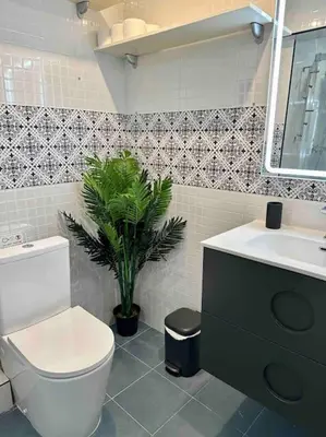 a bathroom with a toilet and a sink and a plant at 8 min walk to the beach & 10 min walk to Convention Centre ! in Barcelona