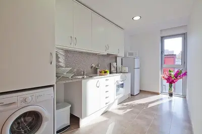 a white kitchen with a washing machine in it at Charmsuites Nou Rambla in Barcelona