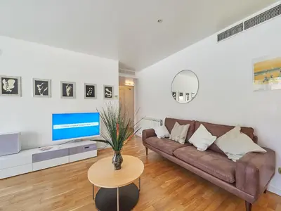 a living room with a brown couch and a tv at BarcelonaForRent Vila Olimpica Pool Suites in Barcelona