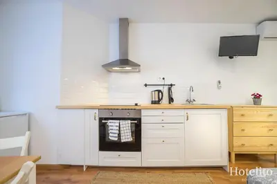 a kitchen with a stove and a counter top at Hotelito Boutique Cinca in Hospitalet de Llobregat