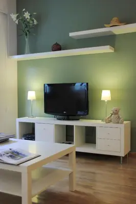 a living room with a tv on a white shelf at Alguera Apartments Napols in Barcelona