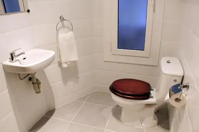 a bathroom with a toilet and a sink and a window at Alguera Apartments Napols in Barcelona