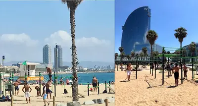 a group of people on a beach with a palm tree at Barceloneta Port Ramblas in Barcelona