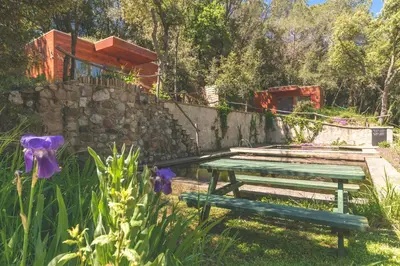 a picnic table and a stone wall and purple flowers at Can Caponet in Lliçà d'Amunt
