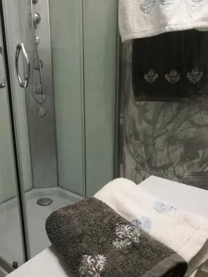 a bathroom with a shower and a towel at Great Sleep Loft in Barcelona
