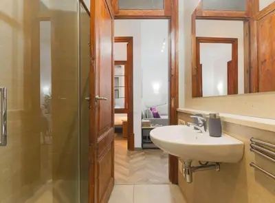 a bathroom with a sink and a shower and a mirror at GREAT SPACIOUS APARTMENT IN THE GOTHIC QUARTER in Barcelona