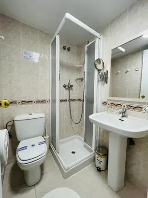 a bathroom with a toilet and a sink and a shower at Hostal Lleida in Barcelona