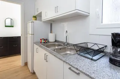 a kitchen with a sink and a refrigerator at Lovely and Convenient Sagrada Familia Apartment in Barcelona