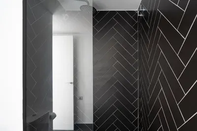 a bathroom with a shower with black tiles at TSA La Rosa in Barcelona
