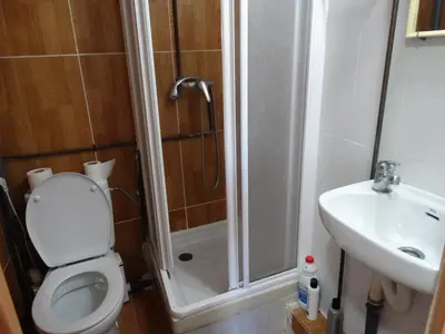 a bathroom with a shower and a toilet and a sink at Pensión Teruel in Barcelona