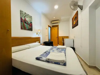 a bedroom with a bed with a blanket on it at Hostal Mont Thabor in Barcelona