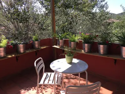 a table and chairs on a balcony with potted plants at B&B Inés in Sant Cugat del Vallès