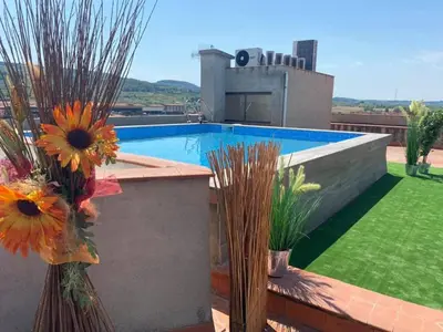 a backyard with a swimming pool and flowers in vases at Hotel Fonda Neus in Sant Sadurní dʼAnoia