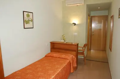 a bedroom with a bed and a desk and a chair at Hotel Fonda Neus in Sant Sadurní dʼAnoia