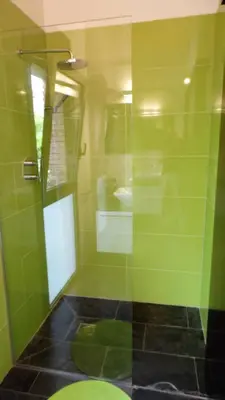 a green bathroom with a shower and a toilet at VILLA DEL BOSQUE in Castelldefels