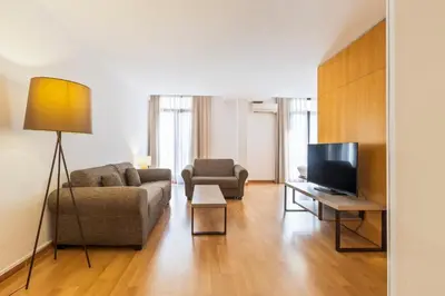 a living room with a couch and a tv at Aspasios Plaza Real Apartments in Barcelona