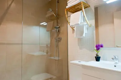 a bathroom with a shower and a toilet and a sink at MH Apartments Ramblas in Barcelona