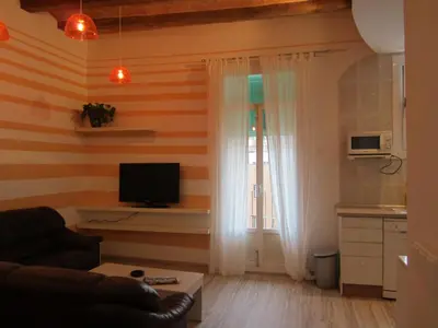 a living room with a couch and a television at Fira Plaza España Apartment 3ʳᵈ Floor Balcony in Barcelona