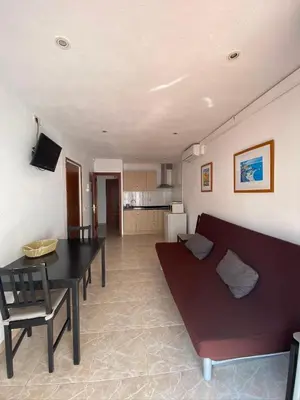a living room with a couch and a table at Apartamentos Mitus in Canet de Mar
