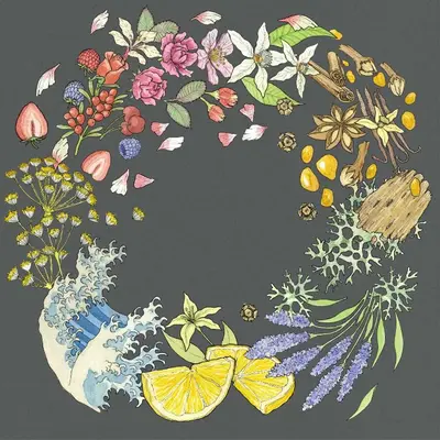 a painting of a wreath of flowers and fruit at Praktik Èssens in Barcelona