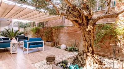 a patio with a tree and blue chairs and a brick wall at Bonito duplex con piscina en Barcelona&playa in Tiana