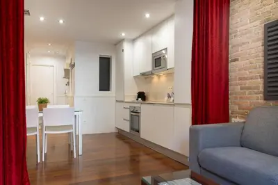 a kitchen and living room with a couch and a table at Enjoybcn Gaudi Apartments in Barcelona