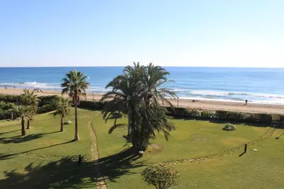 a park on the beach with palm trees and the ocean at GAVA4 BEACHFRONT Apartment BARCELONA in Gavà