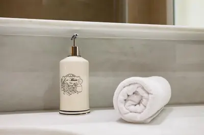 a soap bottle sitting on a bathroom counter next to a towel at Art House Sagrada Familia in Barcelona