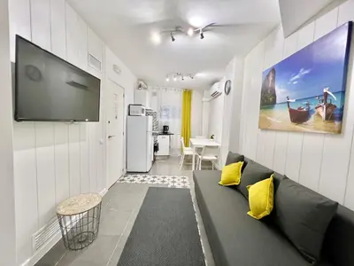 a living room with a couch and a flat screen tv at Cozy Suite apartment, WiFi! in Santa Coloma