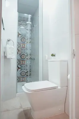 a white bathroom with a toilet and a shower at Hostal Ruta de Francia in Barcelona