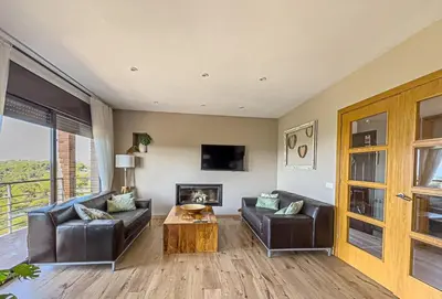 a living room with two leather couches and a fireplace at Villa Mar & Natura Sitges in Canyelles