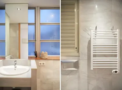 two pictures of a bathroom with a sink and a window at SUN RAMBLA CATALUNYA GAUDI (Limpieza Desinfección) in Barcelona