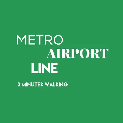 a blue background with the text metro airport line and minutes walking at Practical room: Barcelona-Fira-Airport in Hospitalet de Llobregat