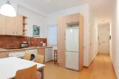 a kitchen with a white refrigerator and wooden cabinets at ENRIQUE GRANADOS in Barcelona