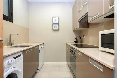 a kitchen with a dishwasher sink and a microwave at MH Apartments Sant Pau in Barcelona