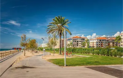 a palm tree in a park next to the beach at Stunning Apartment In Pineda De Mar in Pineda de Mar