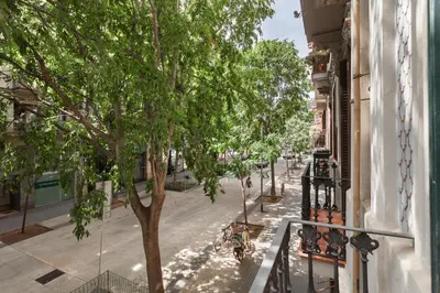 a tree on a street next to a building at Art House Fira Apartments in Barcelona