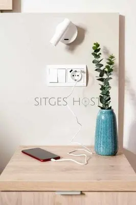 a table with a cell phone and a vase with a plant at Sitges CENTRAL - En el corazón de Sitges in Sitges