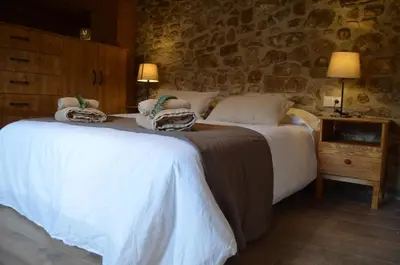 a bedroom with two beds and a stone wall at Cal Puó Turismo Rural in Collsuspina