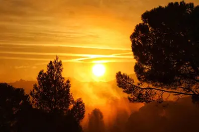 a sun setting in the sky behind some trees at Ca la Nena Morena - Refugio cálido con chimenea y vistas al Montseny in Vallgorguina