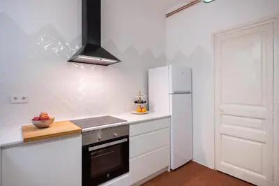 a kitchen with a white refrigerator and a stove at b32-Sunny and Modernist apartment for groups in center in Barcelona