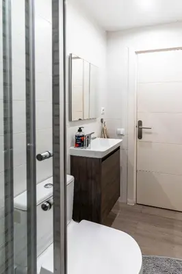 a bathroom with a toilet and a sink and a mirror at Magnifico apartamento camp nou in Barcelona