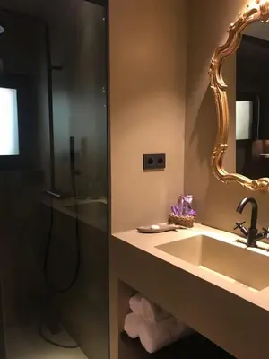 a bathroom with a sink and a shower with a mirror at Can Barrina in Montseny